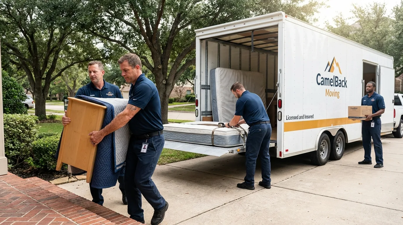 Crew loading residential truck for cross-state move from Bicknell, IN