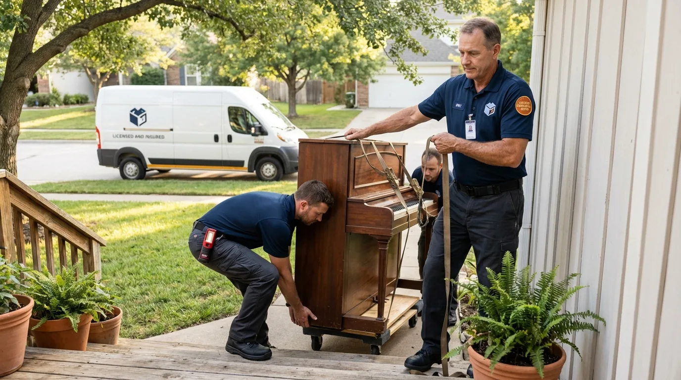 Licensed piano movers securing grand piano in Bicknell, IN