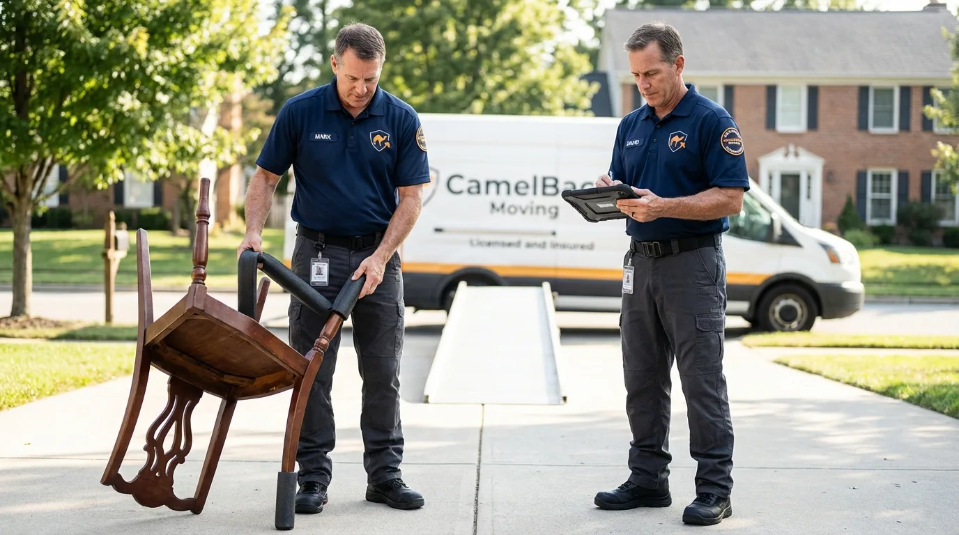 Movers inspecting furniture for damage prevention before loading in Bicknell, IN