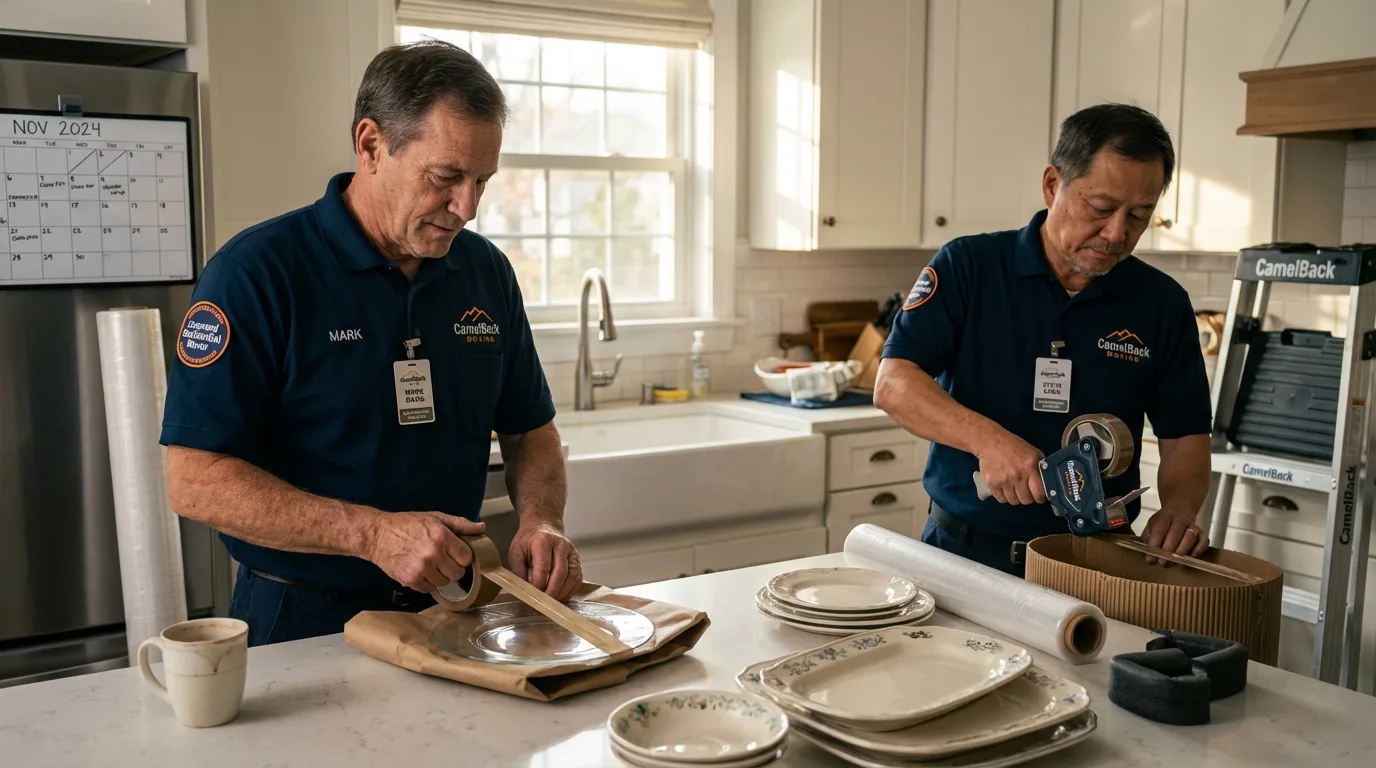 Professional crew packing kitchen dishware in Bicknell, IN